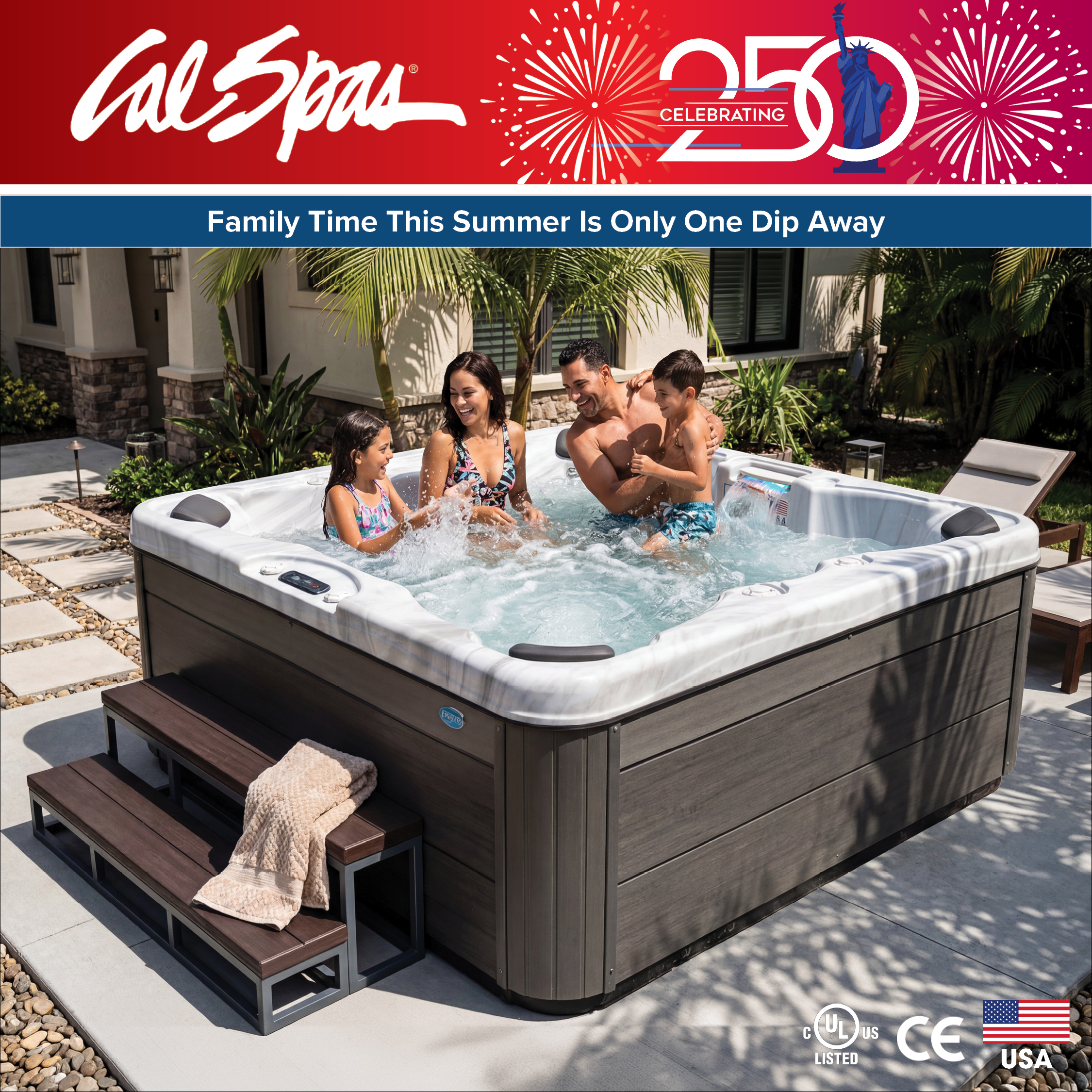 Calspas hot tub being used in a family setting - Meridian